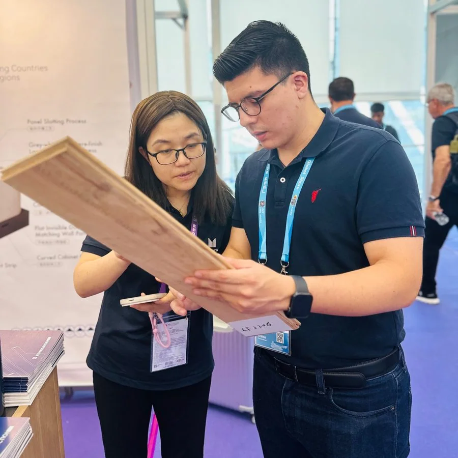 Business discussion and evaluation of product samples at a trade fair